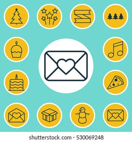 Set Of 12 New Year Icons. Can Be Used For Web, Mobile, UI And Infographic Design. Includes Elements Such As Winter, Holiday Ornament, Blank Ribbon And More.