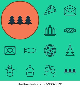 Set Of 12 New Year Icons. Can Be Used For Web, Mobile, UI And Infographic Design. Includes Elements Such As Decorated Tree, Champagne Glasses, Holiday Ornament And More.