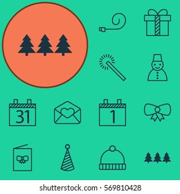 Set Of 12 New Year Icons. Includes Agenda, Snow Person, Date And Other Symbols. Beautiful Design Elements.
