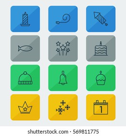 Set Of 12 New Year Icons. Includes Festive Fireworks, Celebrate Whistle, Birthday Cake And Other Symbols. Beautiful Design Elements.