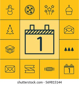 Set Of 12 New Year Icons. Includes Pizza Meal, Agenda, Winter And Other Symbols. Beautiful Design Elements.