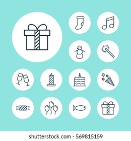 Set Of 12 New Year Icons. Includes Champagne Glasses, Gift, Air Ball And Other Symbols. Beautiful Design Elements.