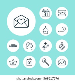 Set Of 12 New Year Icons. Includes Christmas Ball, Sweet, Celebration Card And Other Symbols. Beautiful Design Elements.