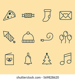 Set Of 12 New Year Icons. Includes Knitted Cap, Decorated Tree, Celebrate Whistle And Other Symbols. Beautiful Design Elements.