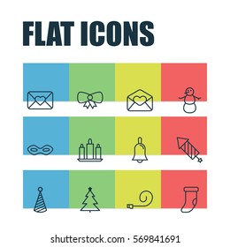 Set Of 12 New Year Icons. Includes Butterfly Knot, Fireplace Decoration, Birthday Hat And Other Symbols. Beautiful Design Elements.