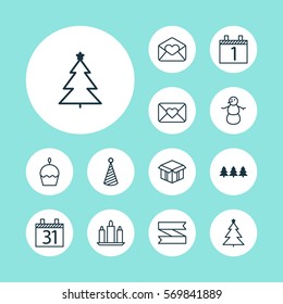 Set Of 12 New Year Icons. Includes Celebration Letter, Greeting Email, Decorated Tree And Other Symbols. Beautiful Design Elements.