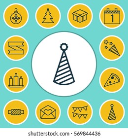 Set Of 12 New Year Icons. Includes Greeting Email, Birthday Hat, Decorated Tree And Other Symbols. Beautiful Design Elements.