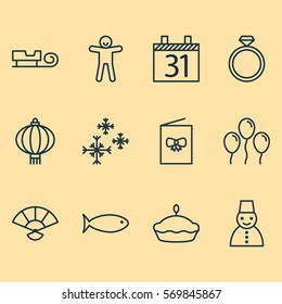Set Of 12 New Year Icons. Includes Celebration Card, Wedding Jewel, Star Snow And Other Symbols. Beautiful Design Elements.