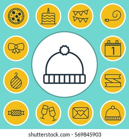 Set Of 12 New Year Icons. Includes Christmas Ball, Knitted Cap, Blank Ribbon And Other Symbols. Beautiful Design Elements.