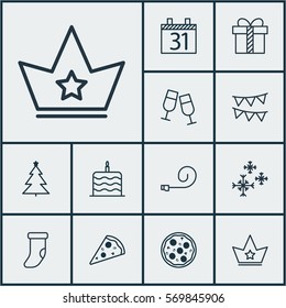 Set Of 12 New Year Icons. Includes Decorative Flags, Sliced Pizza, Corona And Other Symbols. Beautiful Design Elements.