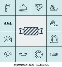 Set Of 12 New Year Icons. Includes Sleigh, Knitted Cap, Toboggan And Other Symbols. Beautiful Design Elements.