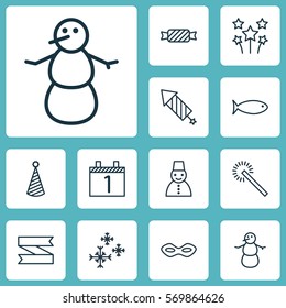 Set Of 12 New Year Icons. Includes Sparkles, Winter, Birthday Hat And Other Symbols. Beautiful Design Elements.