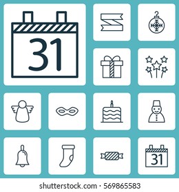 Set Of 12 New Year Icons. Includes Snow Person, Tree Toy, Blank Ribbon And Other Symbols. Beautiful Design Elements.