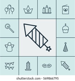 Set Of 12 New Year Icons. Includes Wax, Birthday Cake, Celebration Card And Other Symbols. Beautiful Design Elements.