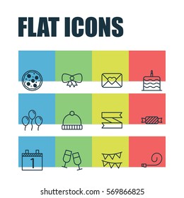 Set Of 12 New Year Icons. Includes Air Ball, Agenda, Knitted Cap And Other Symbols. Beautiful Design Elements.