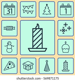 Set Of 12 New Year Icons. Includes Decorative Flags, Decorated Tree, Fire Wax And Other Symbols. Beautiful Design Elements.