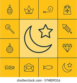 Set Of 12 New Year Icons. Includes Christmas Ball, Greeting Email, Fishing And Other Symbols. Beautiful Design Elements.
