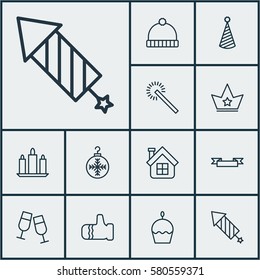 Set Of 12 New Year Icons. Includes Placard, Firework, Knitted Cap And Other Symbols. Beautiful Design Elements.
