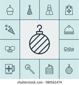 Set Of 12 New Year Icons. Includes Christmas Ball, Winter Cup, Snow Person And Other Symbols. Beautiful Design Elements.