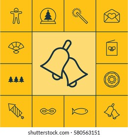 Set Of 12 New Year Icons. Includes Japan Souvenir, Ringer, Shortcake And Other Symbols. Beautiful Design Elements.