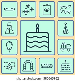 Set Of 12 New Year Icons. Includes Birthday Hat, Butterfly Knot, Celebration Card And Other Symbols. Beautiful Design Elements.