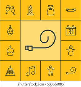 Set Of 12 New Year Icons. Includes Crotchets, Placard, Birthday Cake And Other Symbols. Beautiful Design Elements.