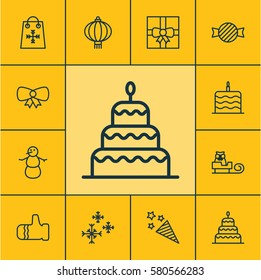 Set Of 12 New Year Icons. Includes Gift Surprise, Firecracker, Celebration Cake And Other Symbols. Beautiful Design Elements.