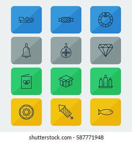 Set Of 12 New Year Icons. Includes Brilliant, Doughnut, Garland Symbols. Beautiful Design Elements.