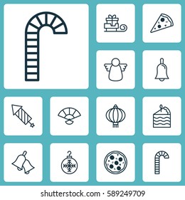 Set Of 12 New Year Icons. Includes Ringer, Toboggan, Sliced Pizza And Other Symbols. Beautiful Design Elements.