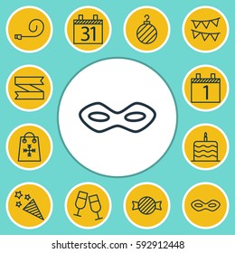 Set Of 12 New Year Icons. Includes Trading, Christmas Ball, Decorative Flags And Other Symbols. Beautiful Design Elements.