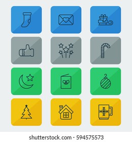 Set Of 12 New Year Icons. Includes Winter Cup, Crescent, Christmas Ball And Other Symbols. Beautiful Design Elements.