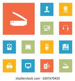 Set of 12 notebook icons set. Collection of speaker, floppy, powerbank and other elements.
