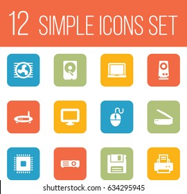Set Of 12 Notebook Icons Set.Collection Of Diskette, Hard Disk, Display And Other Elements.