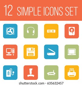 Set Of 12 Notebook Icons Set.Collection Of Peripheral, Joystick, Photocopy And Other Elements.