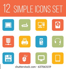 Set Of 12 Notebook Icons Set.Collection Of Headset, Laptop, Peripheral And Other Elements.