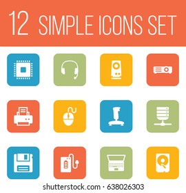 Set Of 12 Notebook Icons Set.Collection Of Microprocessor, Notebook, Headset And Other Elements.