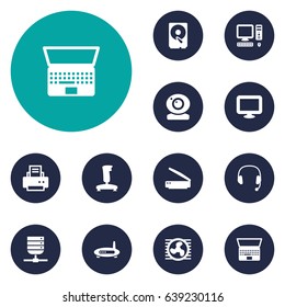 Set Of 12 Notebook Icons Set.Collection Of Record, Fan, Computer And Other Elements.