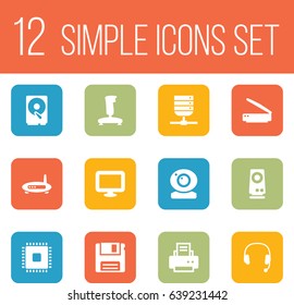 Set Of 12 Notebook Icons Set.Collection Of Display, Hard Disk, Peripheral And Other Elements.