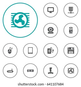 Set Of 12 Notebook Icons Set.Collection Of Amplifier, Diskette, Palmtop And Other Elements.