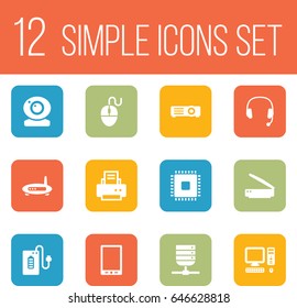 Set Of 12 Notebook Icons Set.Collection Of Show, Record, Peripheral And Other Elements.
