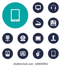 Set Of 12 Notebook Icons Set.Collection Of Laptop, Photocopy, Hard Disk And Other Elements.