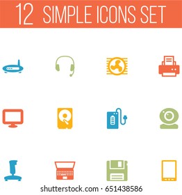 Set Of 12 Notebook Icons Set.Collection Of Headset, Hard Disk, Peripheral And Other Elements.