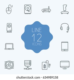 Set Of 12 Notebook Outline Icons Set.Collection Of Monitor, Cooler, Computer Mouse And Other Elements.