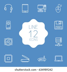 Set Of 12 Notebook Outline Icons Set.Collection Of Computer Mouse, Tablet, Speaker And Other Elements.