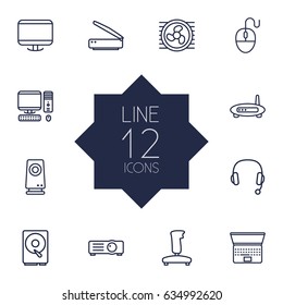Set Of 12 Notebook Outline Icons Set.Collection Of Speaker, Laptop, PC And Other Elements.