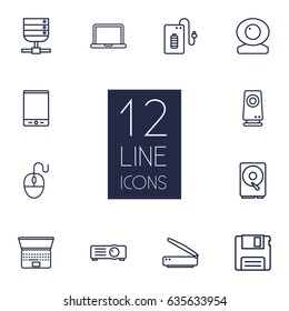 Set Of 12 Notebook Outline Icons Set.Collection Of Floppy, Projector, Web Cam And Other Elements.
