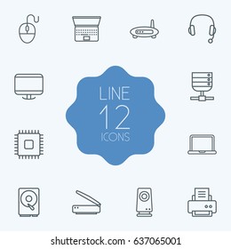 Set Of 12 Notebook Outline Icons Set.Collection Of Computer Mouse, Laptop, Headphone And Other Elements.
