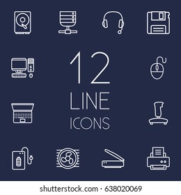 Set Of 12 Notebook Outline Icons Set.Collection Of PC, Hdd, Computer Mouse And Other Elements.