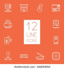 Set Of 12 Notebook Outline Icons Set.Collection Of Hdd, Server, Scanner And Other Elements.