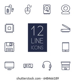 Set Of 12 Notebook Outline Icons Set.Collection Of Hdd, Floppy, Headphone And Other Elements.